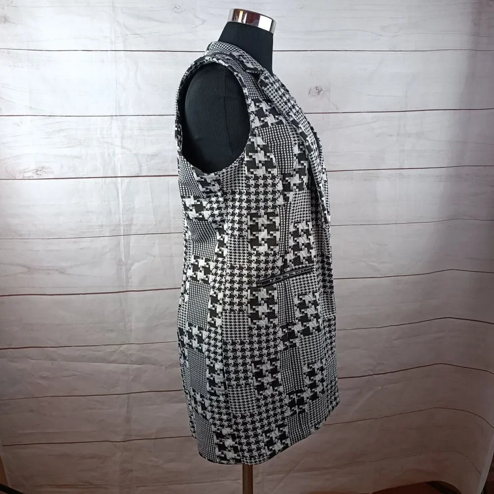 Woman's open sleeveless blazer cardigan houndstooth black white collar Large - Picture 7 of 15